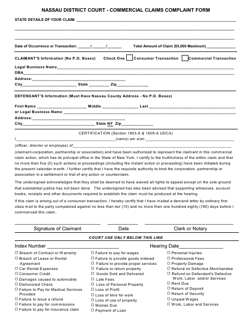 Commercial Claims Complaint Form - Nassau County, New York Download Pdf