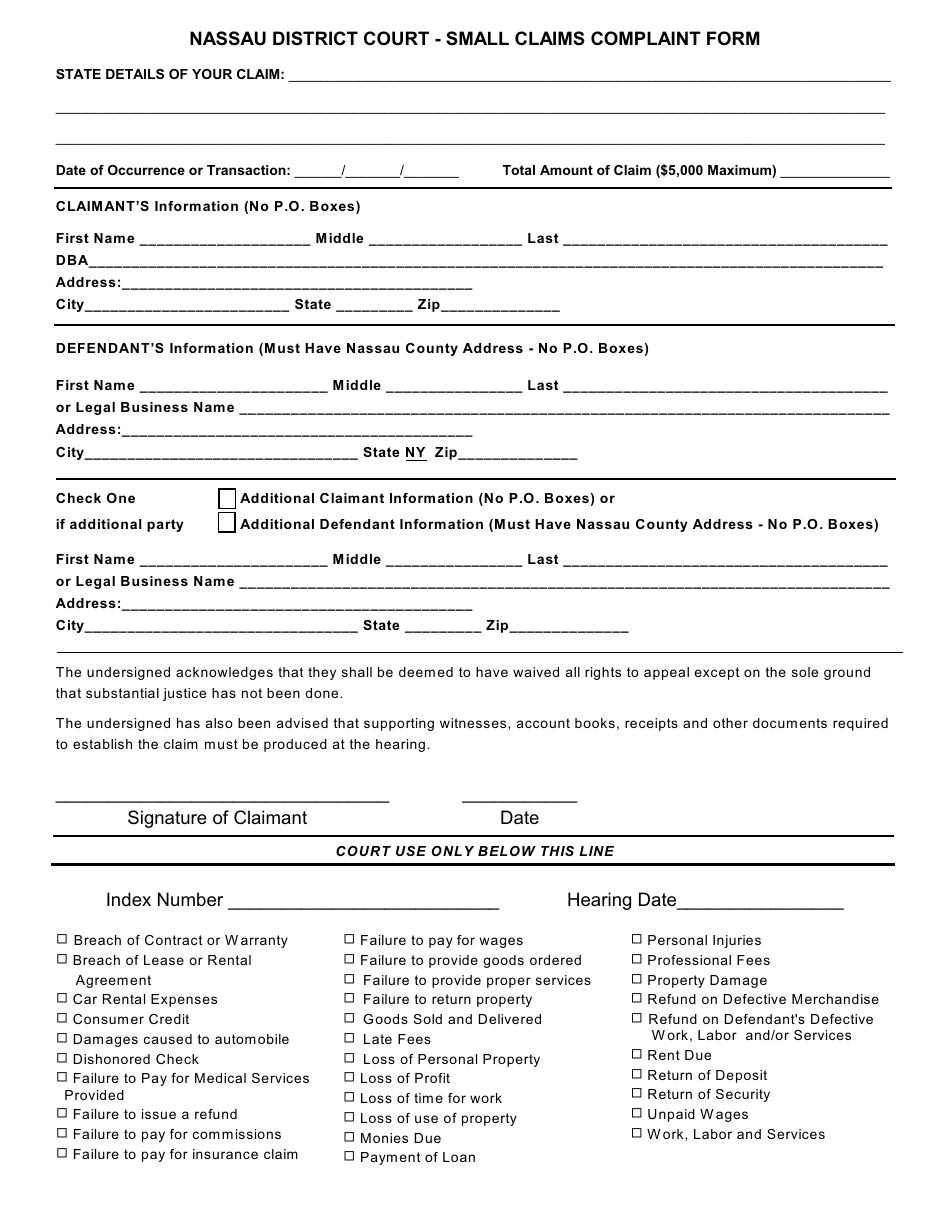 Small Claims Complaint Form - Nassau County, New York, Page 1