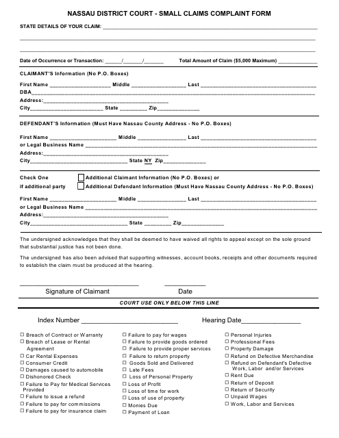 Small Claims Complaint Form - Nassau County, New York