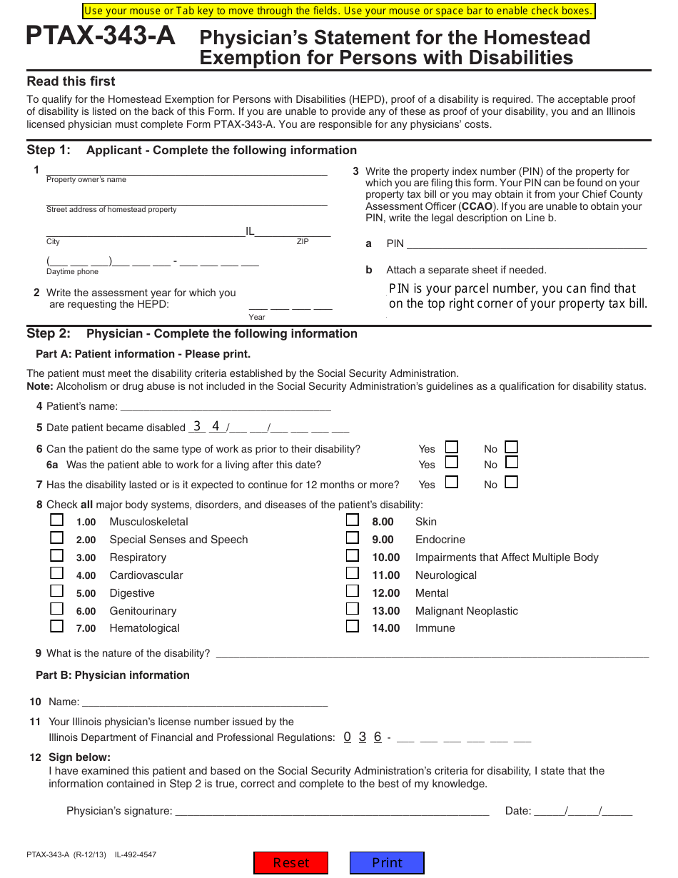 Form PTAX-343-A Physicians Statement for the Homestead Exemption for Persons With Disabilities - St. Clair County, Michigan, Page 1