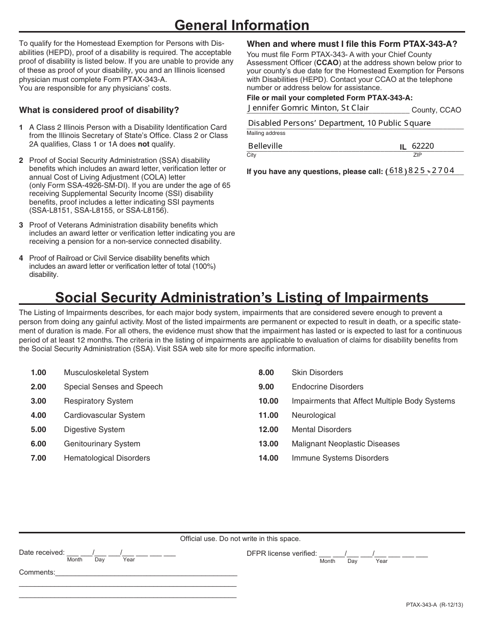 Form PTAX-343-A Physicians Statement for the Homestead Exemption for Persons With Disabilities - St. Clair County, Michigan, Page 2