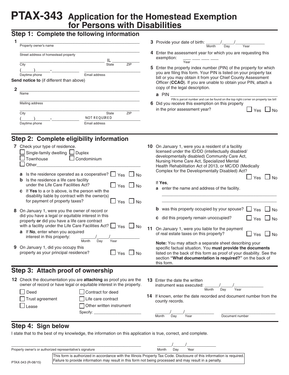Form PTAX-343 Application for the Homestead Exemption for Persons With Disabilities - St. Clair County, Michigan, Page 1