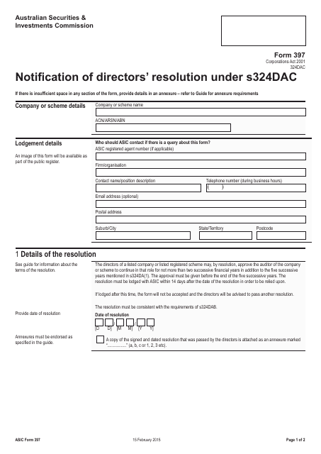 Form 397 Notification of Directors' Resolution Under S324dac - Australia