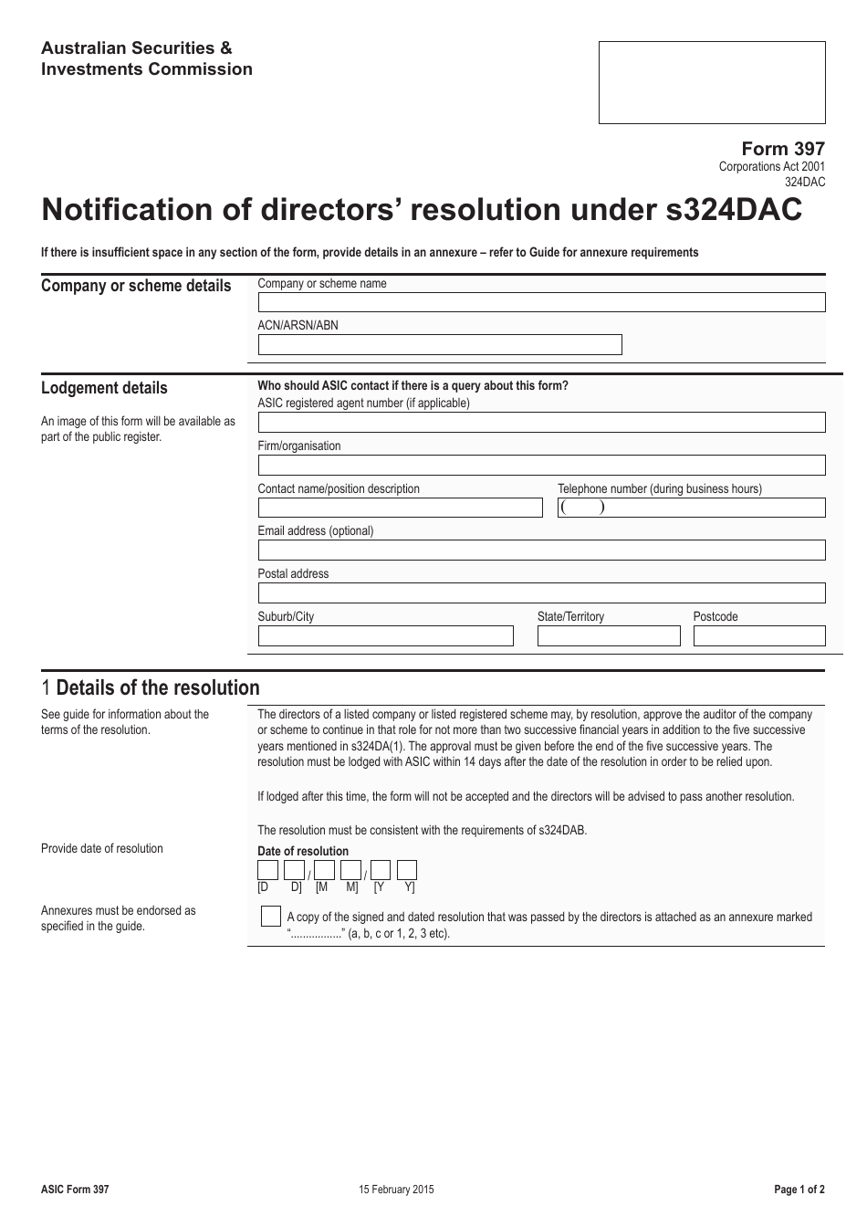 Form 397 Notification of Directors Resolution Under S324dac - Australia, Page 1