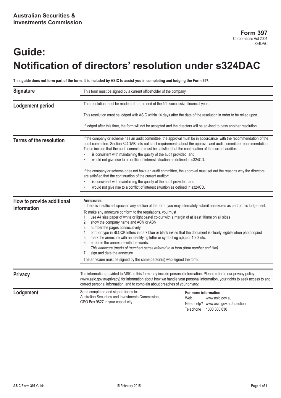 Form 397 Notification of Directors Resolution Under S324dac - Australia, Page 3