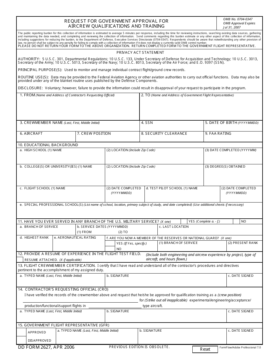 DD Form 2627 Request Form for Government Approval for Aircrew Qualifications and Training, Page 1