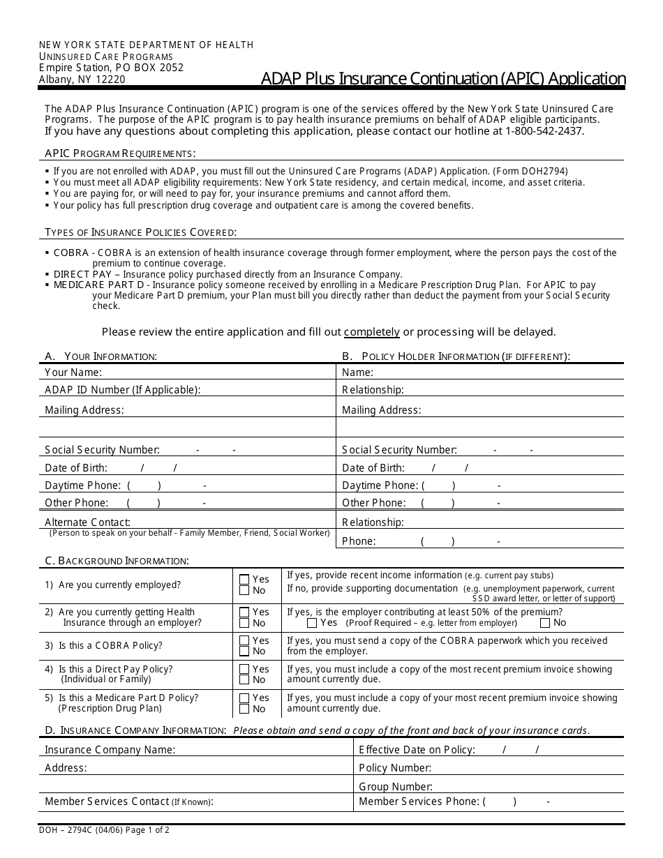 Form DOH-2794C Adap Plus Insurance Continuation (Apic) Application - New York, Page 1