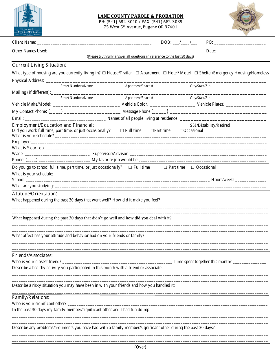 Parole  Probation Monthly Report Form - Lane County, Oregon, Page 1