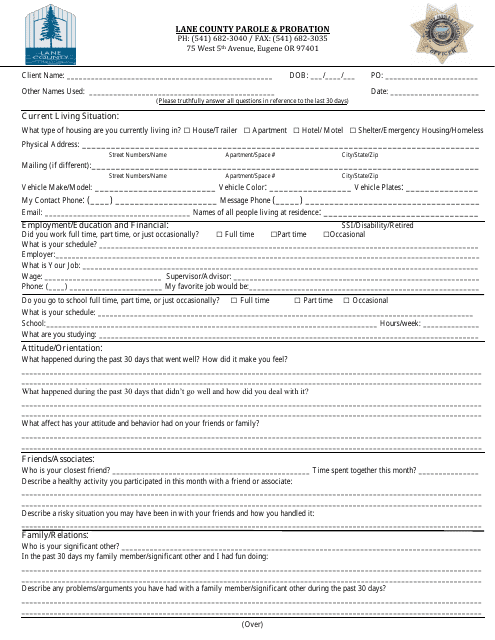 Parole & Probation Monthly Report Form - Lane County, Oregon Download Pdf