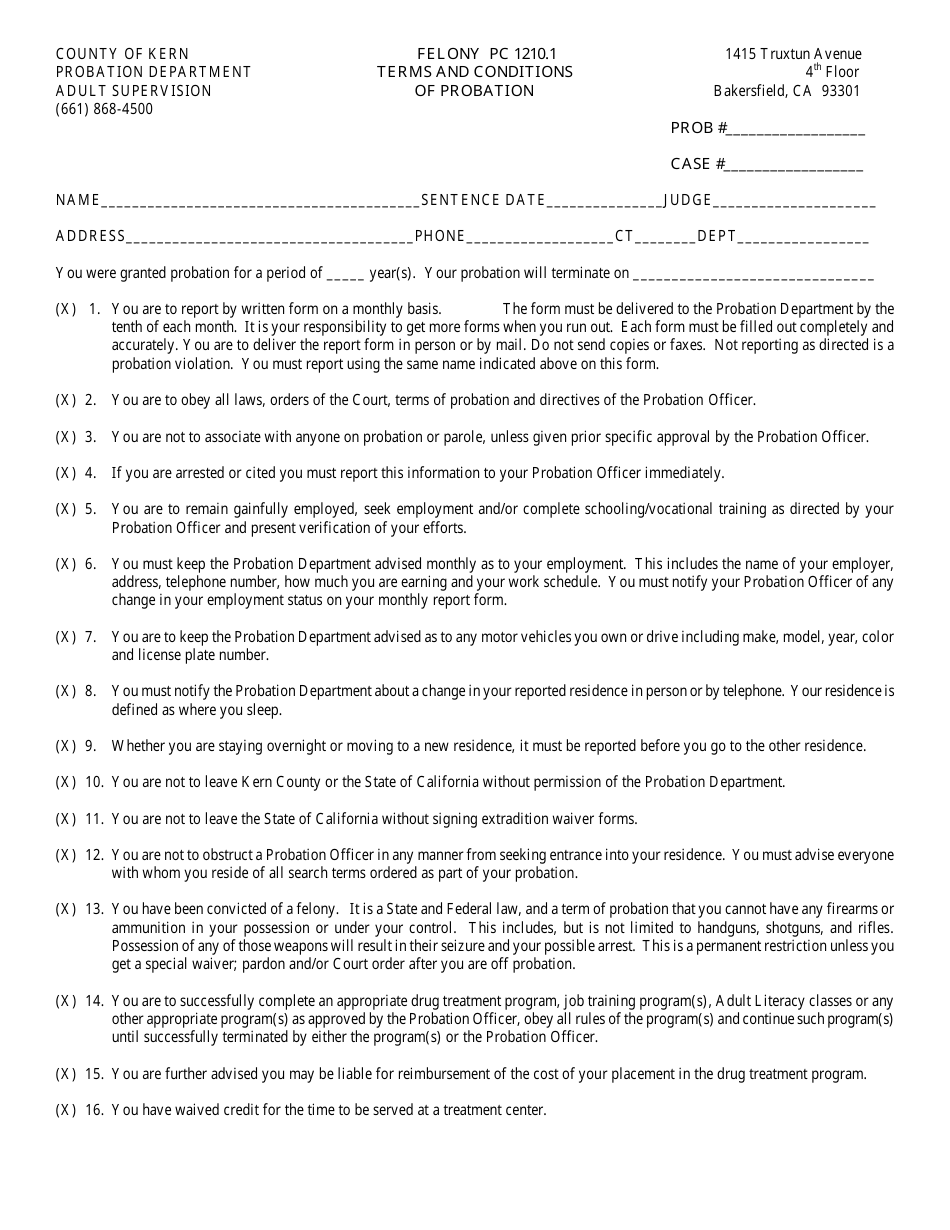 Felony Pc 1210.1 - Terms  Conditions of Probation - County of Kern, California, Page 1