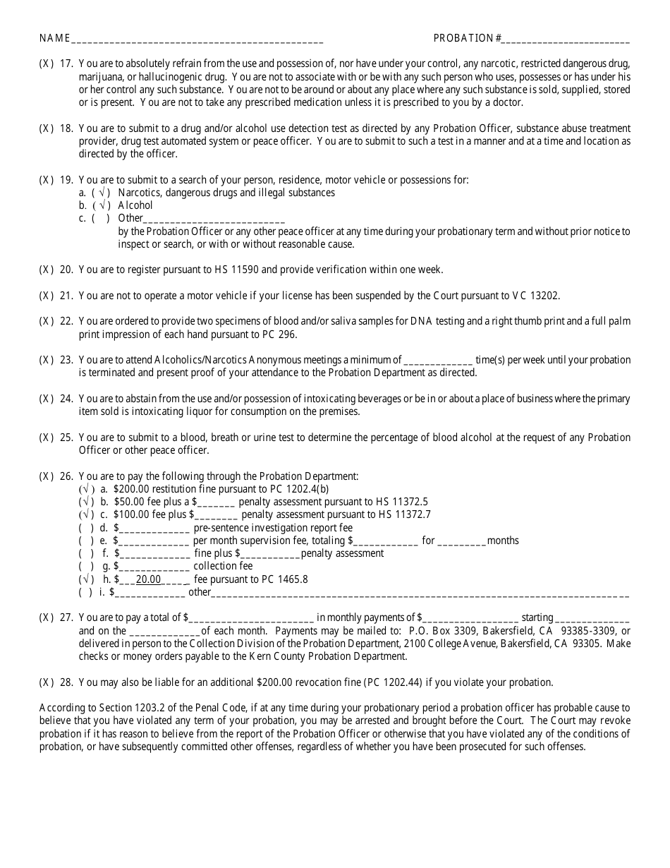 Felony Pc 1210.1 - Terms  Conditions of Probation - County of Kern, California, Page 2