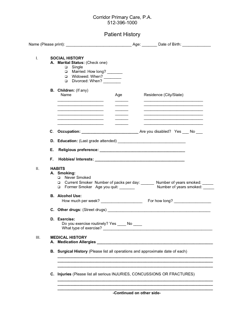 Patient History Template - Corridor Primary Care Download Pdf