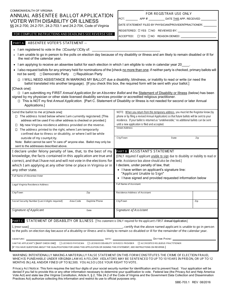 Form SBE-703.1 Annual Absentee Ballot Application - Voter With Disability or Illness - Virginia, Page 1