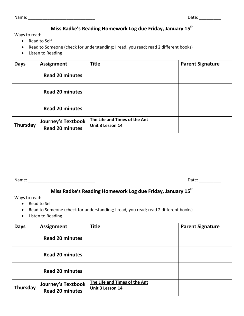 Homework reading log template picture
