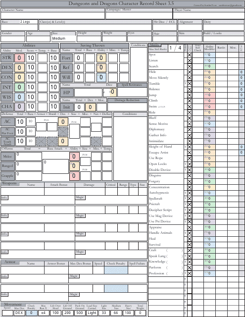 Dungeons and Dragons 3.5 Character Record Sheet - Preview Image