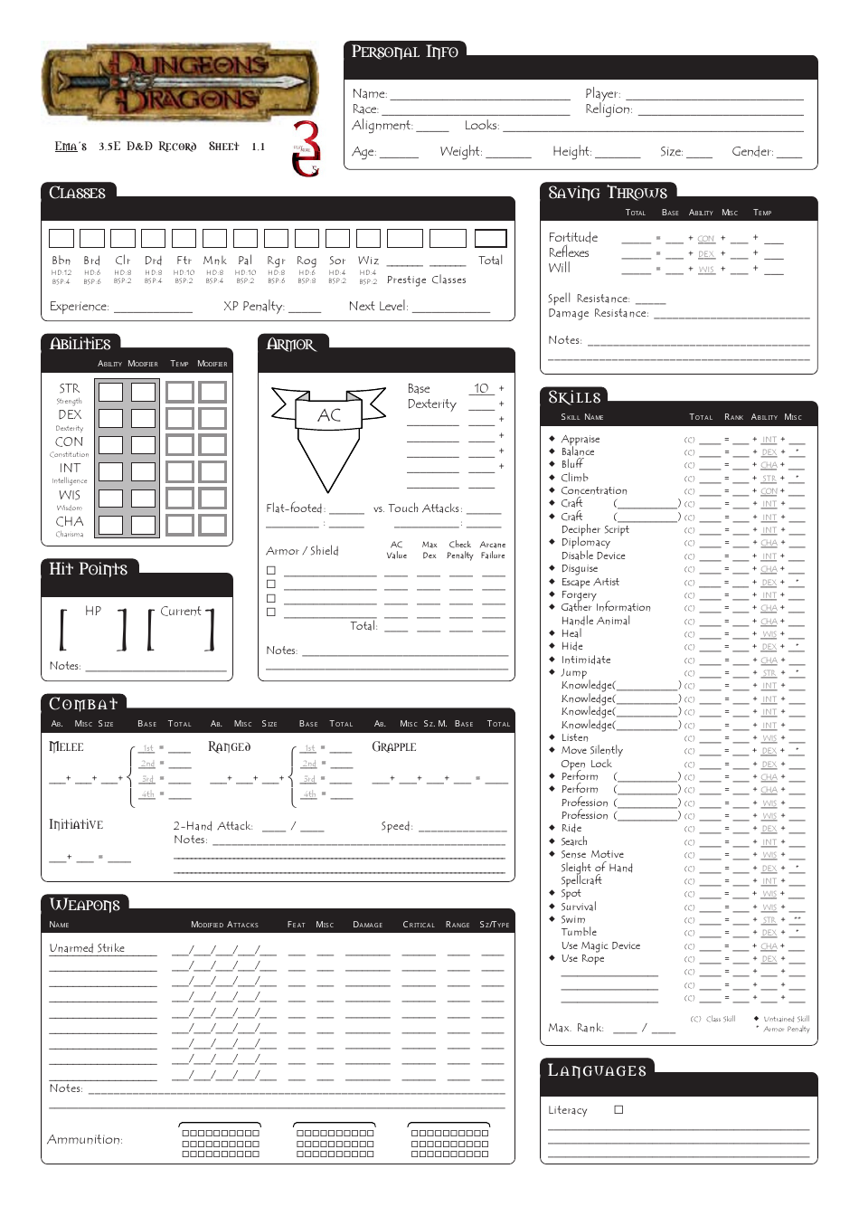 dungeons dragons 35e character sheet download printable pdf