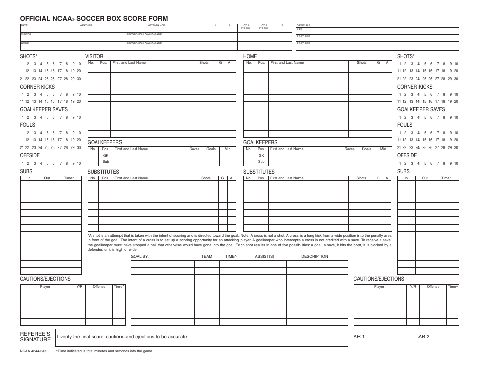 Official NCAA Soccer Box Score Form, Page 1