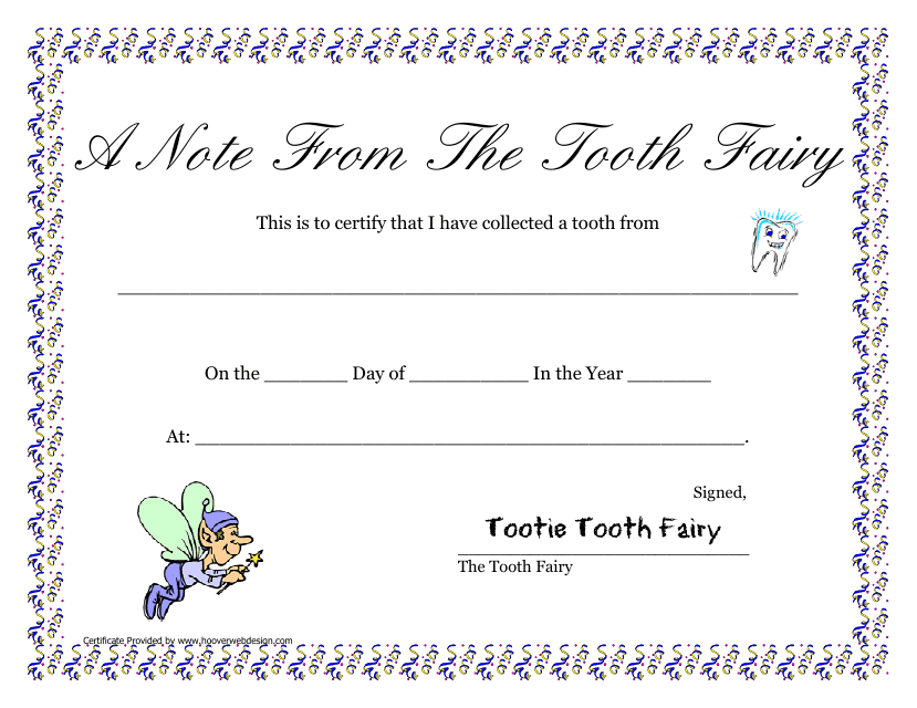&quot;A Note From the Tooth Fairy Certificate Template&quot; Download Pdf