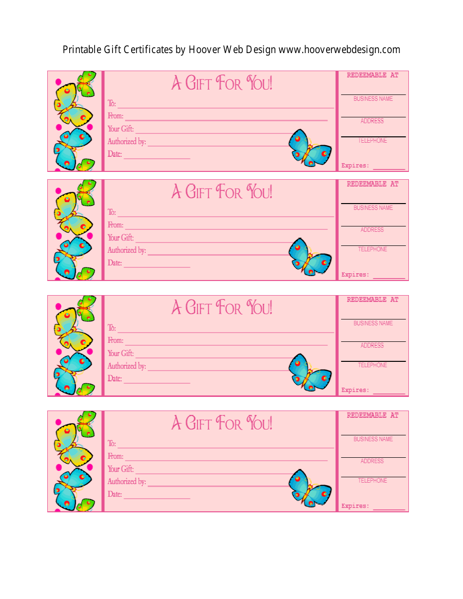 Pink Gift Certificate Template With Butterflies - Beautiful Design