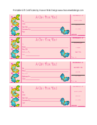 Document preview: Pink Gift Certificate Template With Butterflies