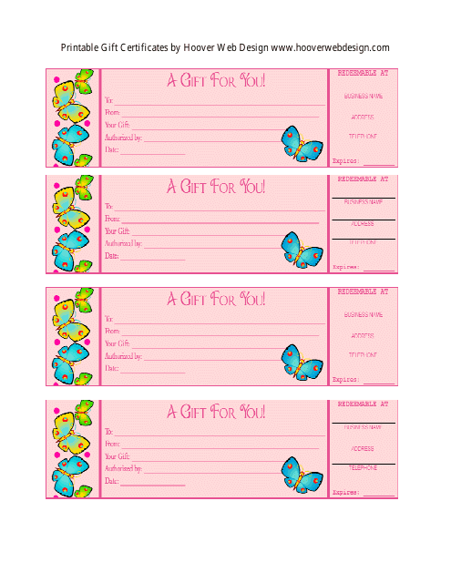 &quot;Pink Gift Certificate Template With Butterflies&quot; Download Pdf