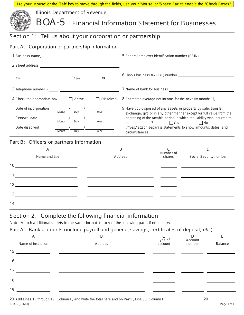 Form BOA-5 Financial Information Statement for Businesses - Illinois, Page 1