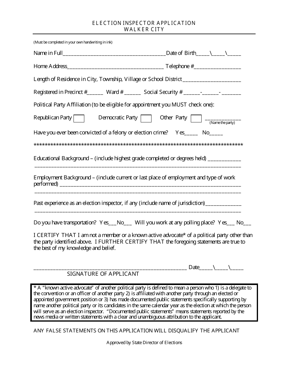 Walker City, Michigan Election Inspector Application Form Fill Out