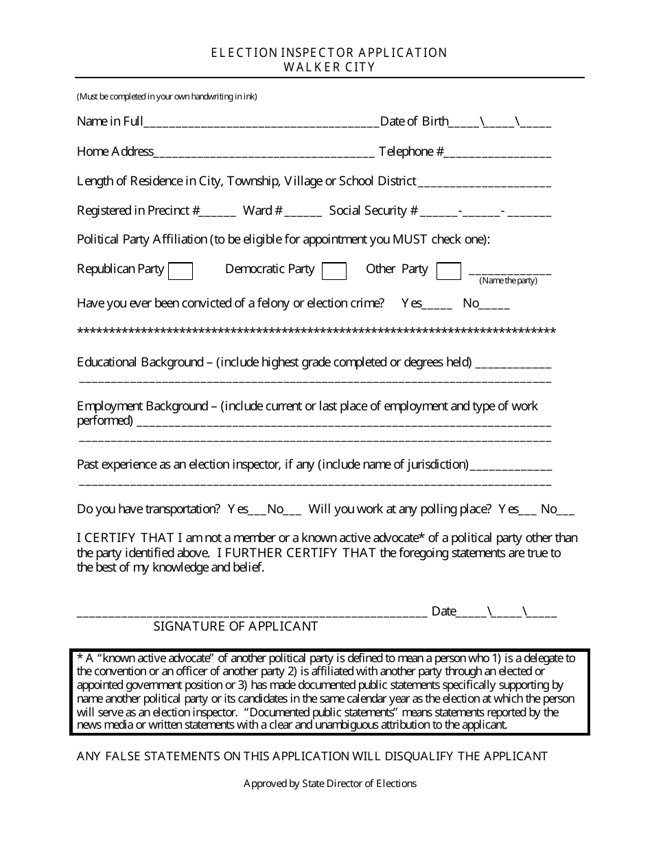 Election Inspector Application Form - Walker City, Michigan, Page 1