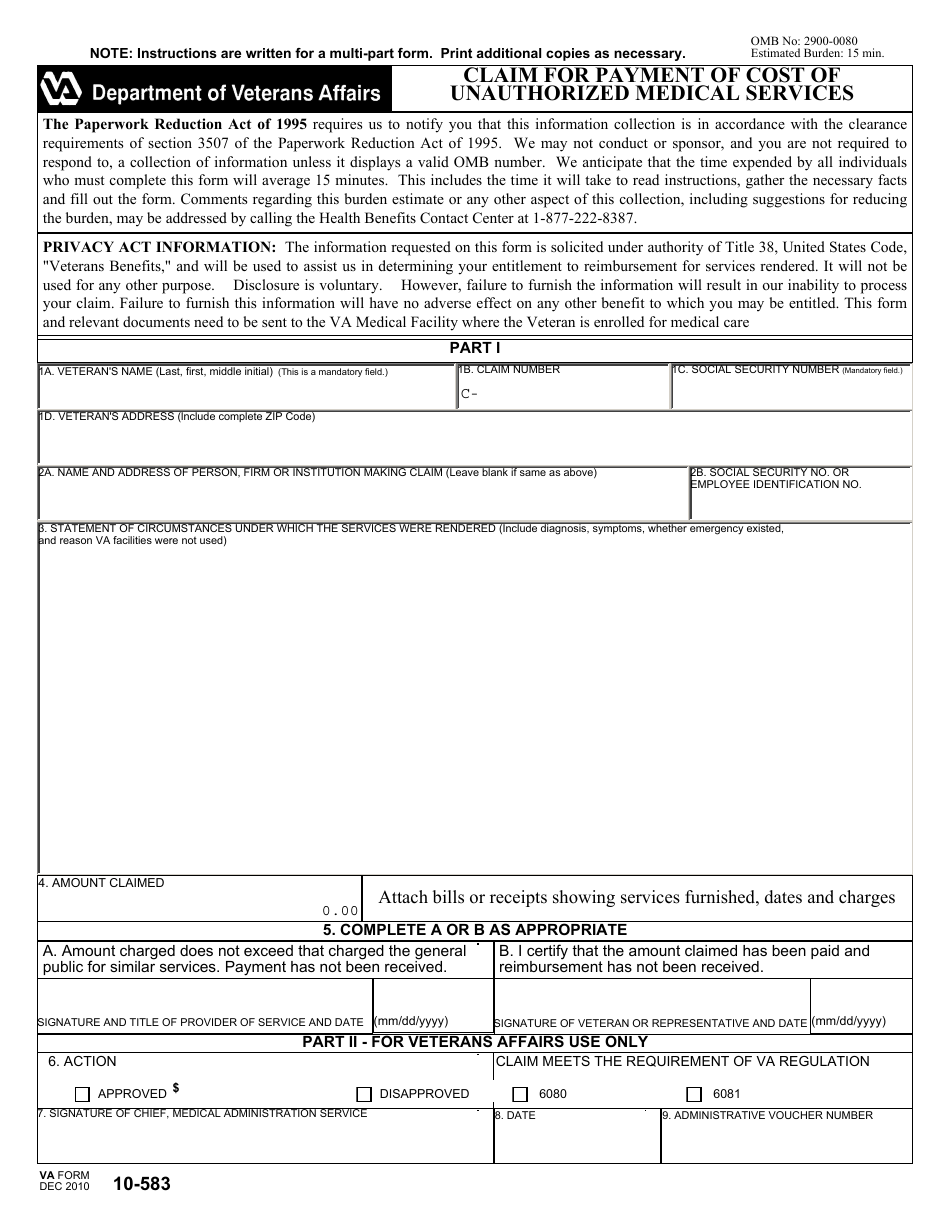 VA Form 10-583 Claim Fom for Payment of Cost of Unauthorized Medical Services, Page 1