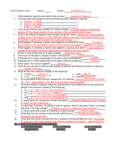 Chemistry Unit 4 Practice Exam With Answer Key - Bainbridge Island School District 303