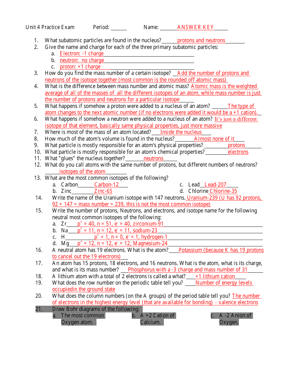Chemistry Unit 4 Practice Exam With Answer Key