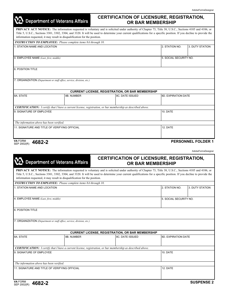 VA Form 4682-2 Certification of Licensure, Registration, or Bar Membership, Page 1