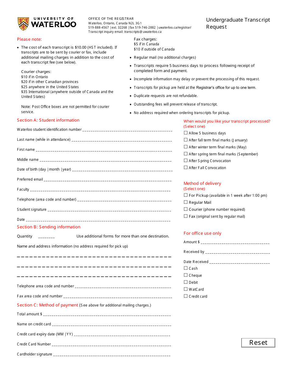 Undergraduate Transcript Request Form - University of Waterloo, Page 1
