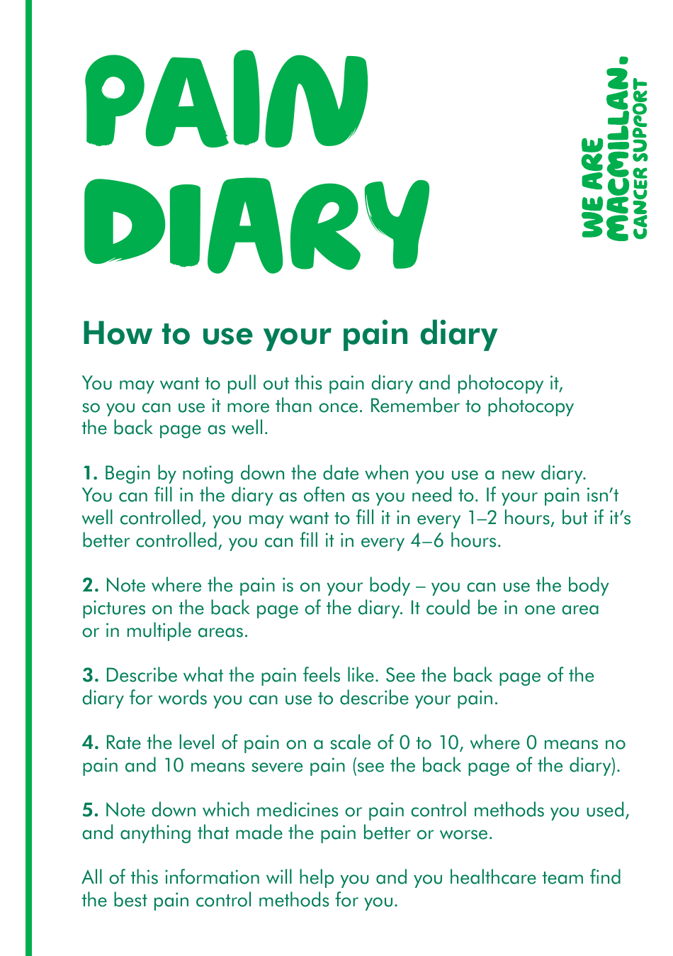 Pain Diary Template - Keep track of your pain symptoms