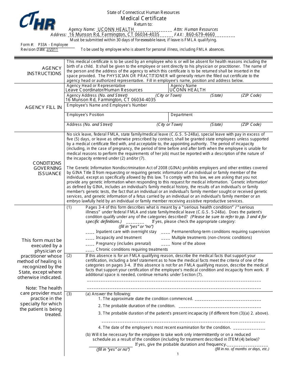 Form P33A Employee Medical Certificate - Connecticut, Page 1