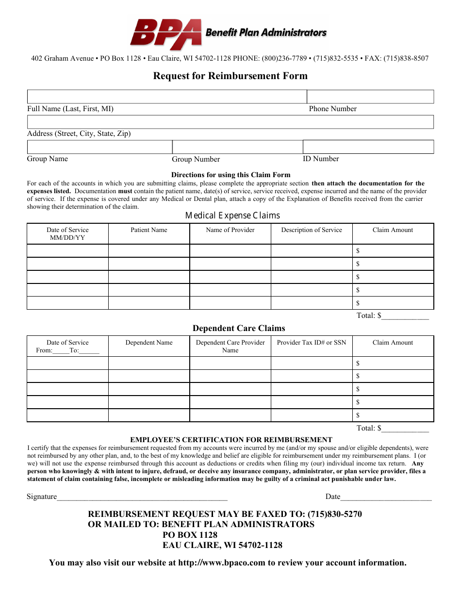 Request for Reimbursement Form - Bpa, Page 1