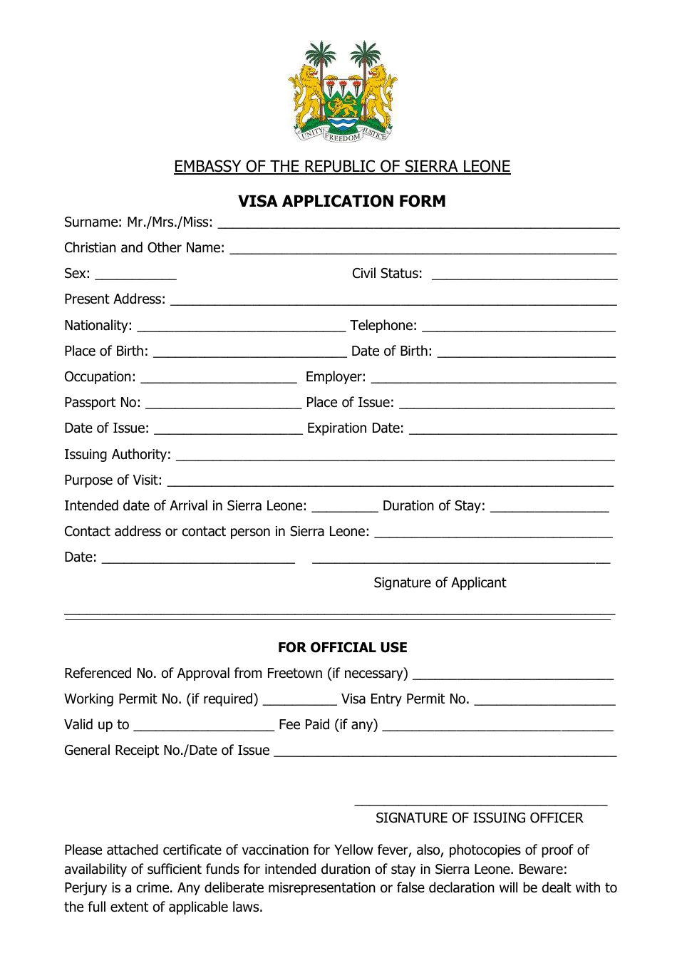 Sierra Leone Visa Application Form - Embassy of the Republic of Sierra Leone - Washington, D.C., Page 1