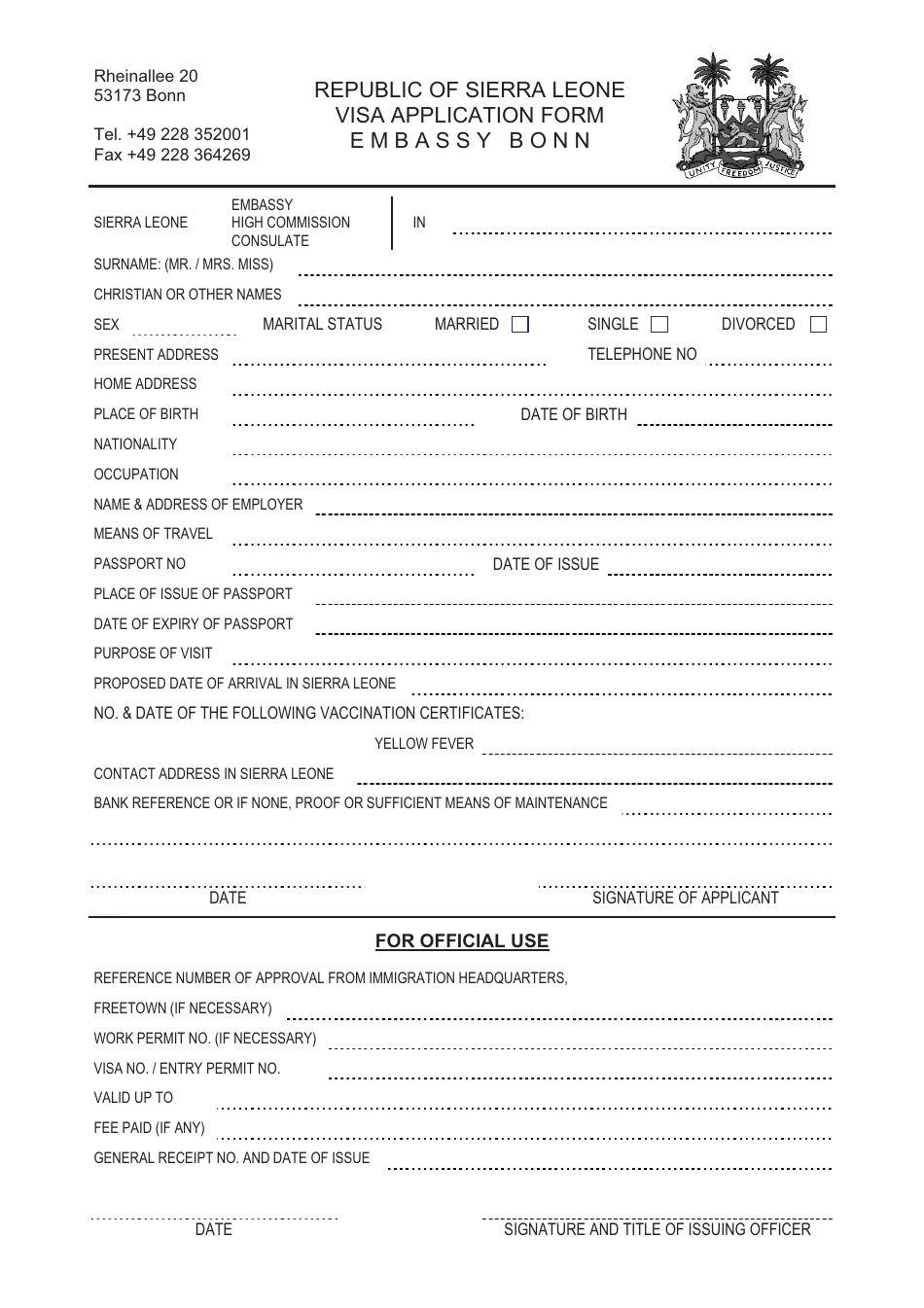 Sierra Leone Visa Application Form - Sierra Leone Embassy - Bonn, North Rhine-Westphalia, Germany, Page 1