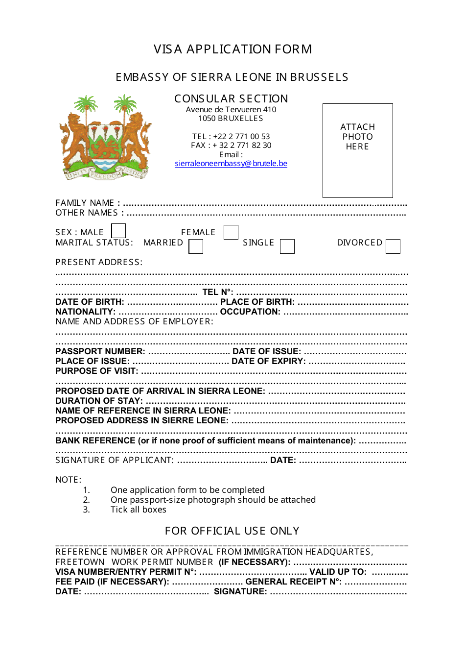 Sierra Leone Visa Application Form - Embassy of Sierra Leone - Brussels-Capital Region, Belgium, Page 1