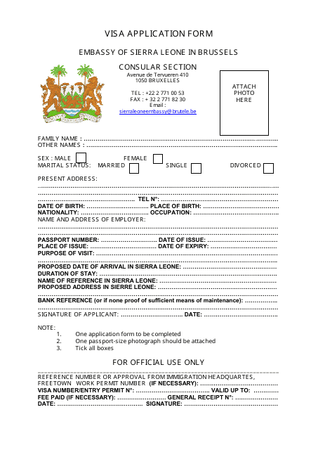 Sierra Leone Visa Application Form - Embassy of Sierra Leone - Brussels-Capital Region, Belgium