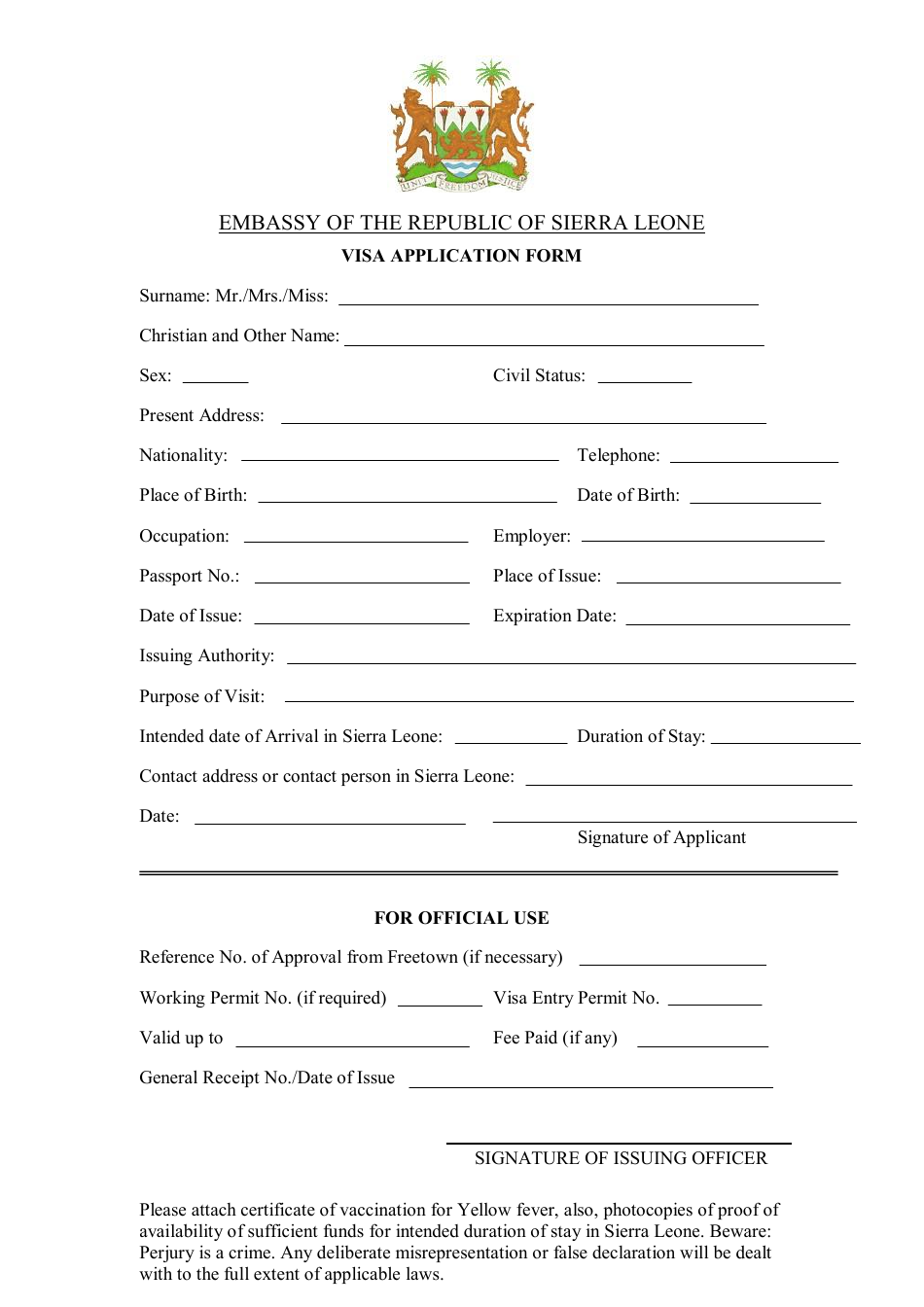 Sierra Leone Visa Application Form - Embassy of the Republic of Sierra Leone, Page 1
