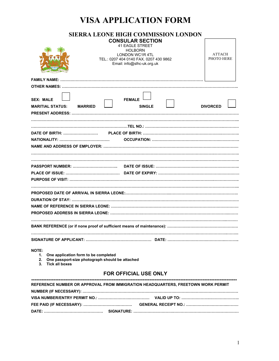 Sierra Leone Visa Application Form - Sierra Leone High Commission - Greater London, United Kingdom, Page 1