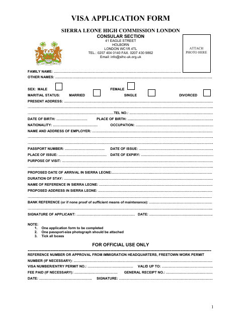 Sierra Leone Visa Application Form - Sierra Leone High Commission - Greater London, United Kingdom