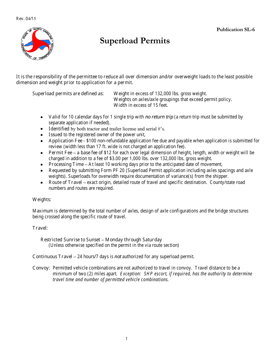 Form PF-20 Superload Permit Application - North Carolina, Page 1