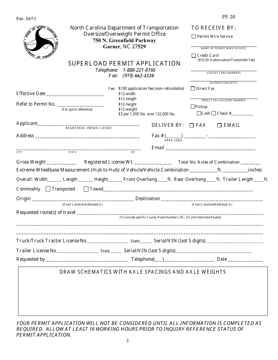 Form PF-20 Superload Permit Application - North Carolina, Page 3
