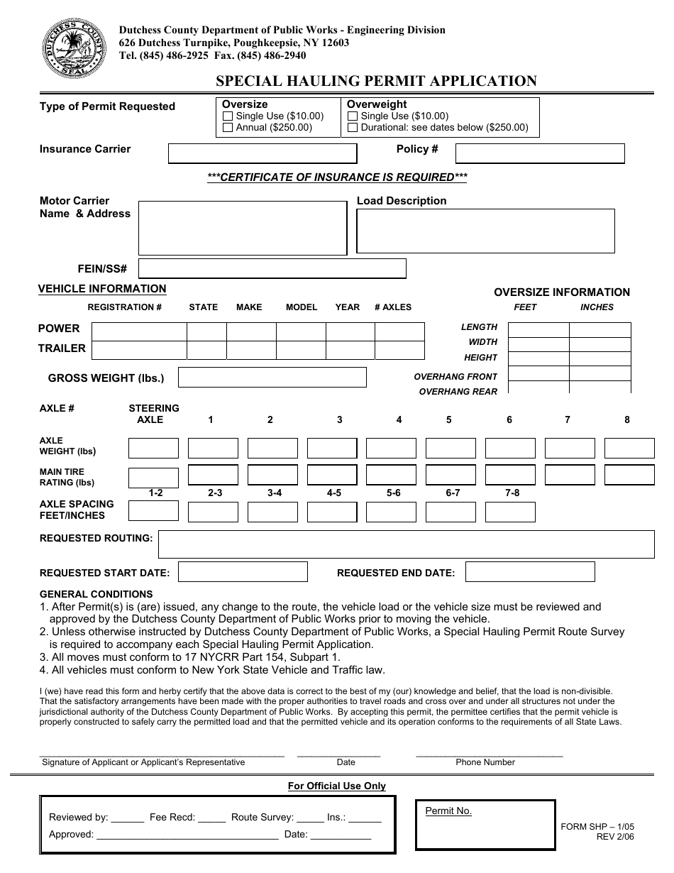 Special Hauling Permit Application Form - Dutchess County, New York, Page 1