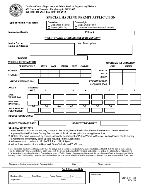 Special Hauling Permit Application Form - Dutchess County, New York Download Pdf