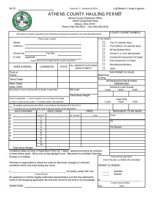 Form AC-1 Hauling Permit - Athens County, Ohio