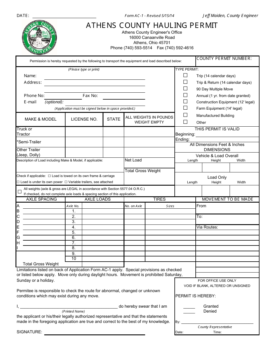Form AC-1 Hauling Permit - Athens County, Ohio, Page 1