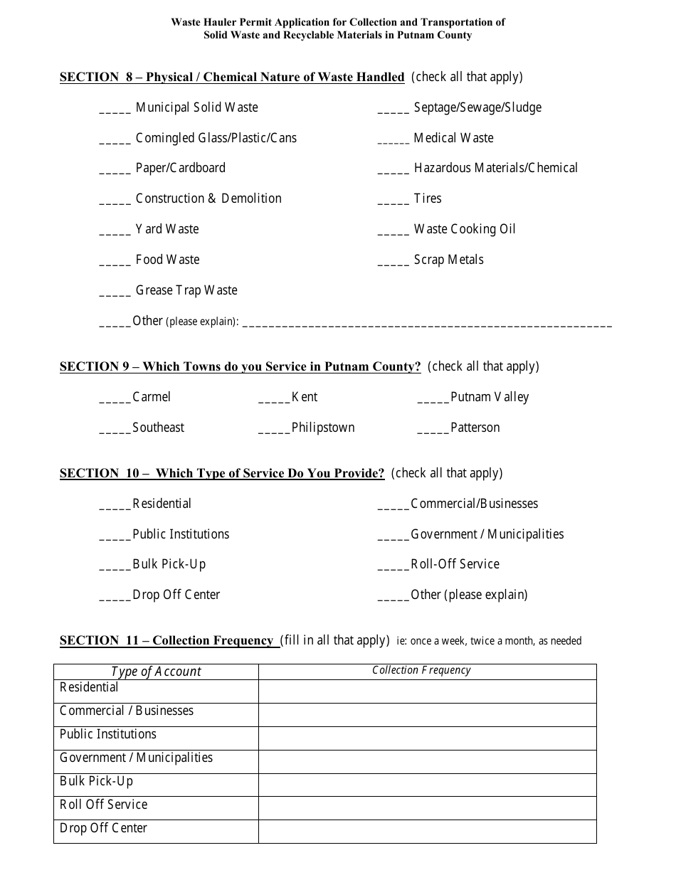 Putnam County, New York Waste Hauler Permit Application for Collection ...